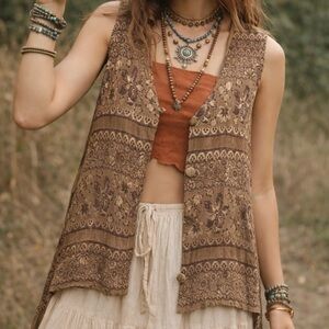 VTG Floral Tapestry Long Button Vest Satin 90s Audrey Jones Tan Brown Size 24